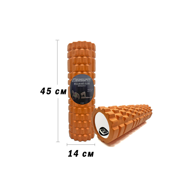 Масажний ролик (валик) EasyFit Grid Roller v.2.1, Довжина 45 см, Діаметр 14 см, Каркас із високоміцного пластику, Піна EVA з масажною поверхнею 3D, для МФР, фітнесу, йоги та реабілітації, Помаранчевий