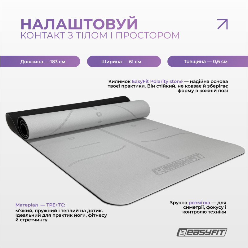 Набір для йоги та фітнесу EasyFit Polarity Set PRO (Stone): Склад набору: килимок, два блоки та ремінь, Чорно-сірий