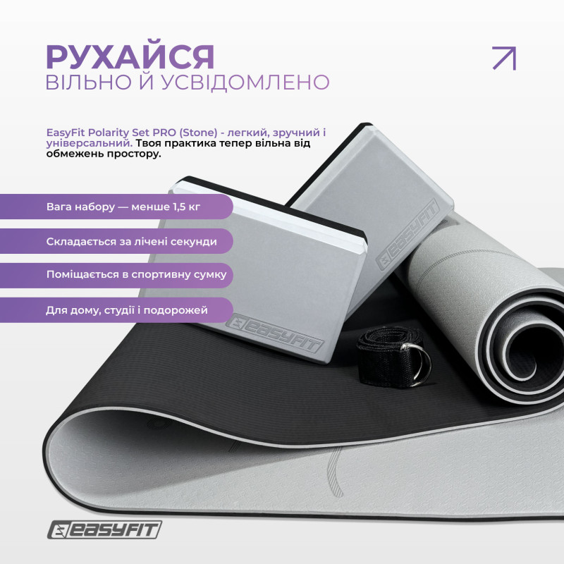Набір для йоги та фітнесу EasyFit Polarity Set PRO (Stone): Склад набору: килимок, два блоки та ремінь, Чорно-сірий