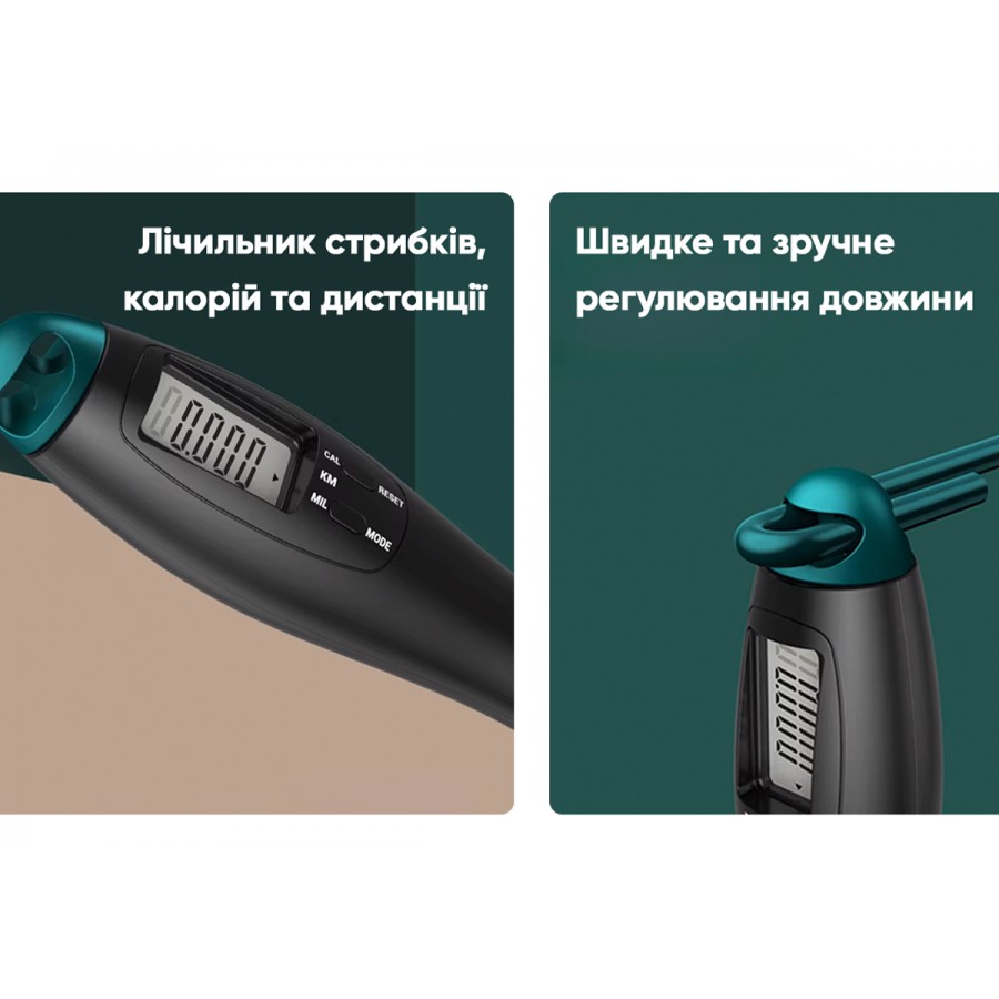 Швидкісна скакалка з лічильником EasyFit, Довжиа 2,8 м, ручки 18 см, Сталь, Пластик, Вага 130 г, Чорно-зелений