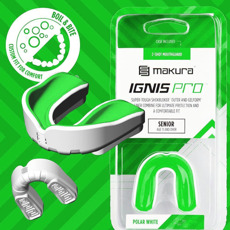 Капа MAKURA Ignis, Взрослая (возраст 11+) White/Green, Посадка: BOIL & BITE™ (формируется в горячей воде), Термопластик, Бело-зеленый