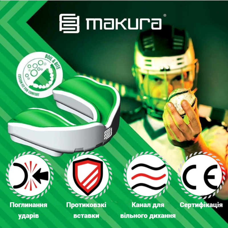 Капа MAKURA Ignis, Взрослая (возраст 11+) White/Green, Посадка: BOIL & BITE™ (формируется в горячей воде), Термопластик, Бело-зеленый