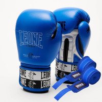 Боксерські рукавиці Leone GN208 ICONIC Blue (бинти 4 м. в комплекті), 14 унцій, Натуральна шкіра буйвола, Поліуретан, Синій