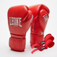 Боксерські рукавиці Leone GN111 THE GREATEST Red (бинти 4 м. в комплекті), 10 унцій, 100% коров’яча шкіра, Червоний