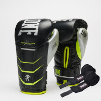 Боксерские перчатки Leone GN110F REVO FLUO Black (бинты 4 м. в комплекте), 14 унций, 100% натуральная коровья кожа, Черный