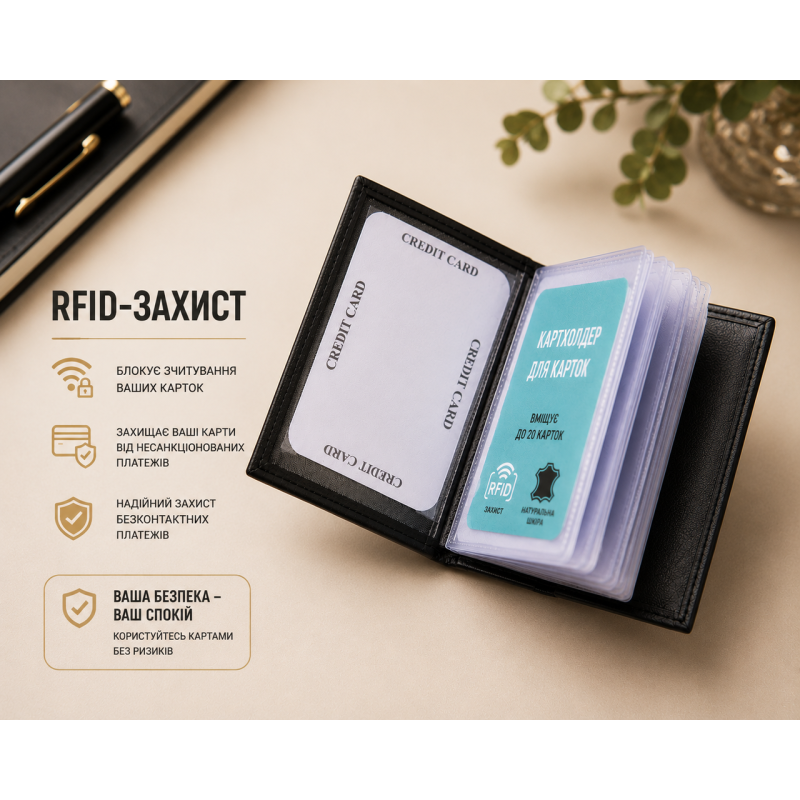Шкіряний картхолдер, чохол для платіжних карток із захистом RFID Dugros чорний
