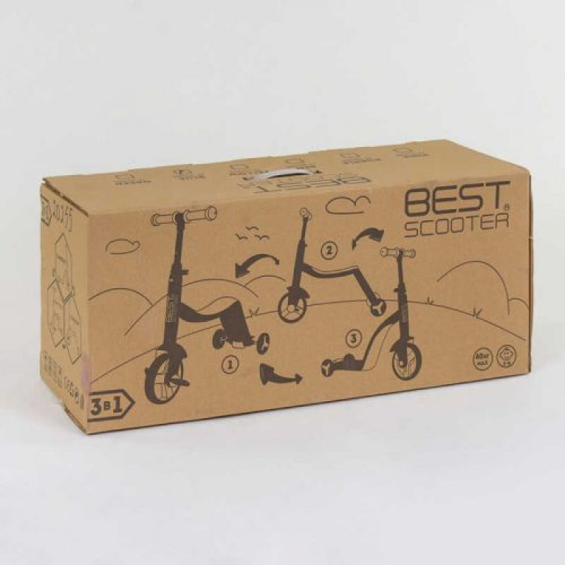 Самокат 3в1 (1) Best Scooter, самокат-велобег-велосипед, КРАСНЫЙ, свет, 8 мелодий, колёса PU, переднее колесо d=20см, задние d=11см