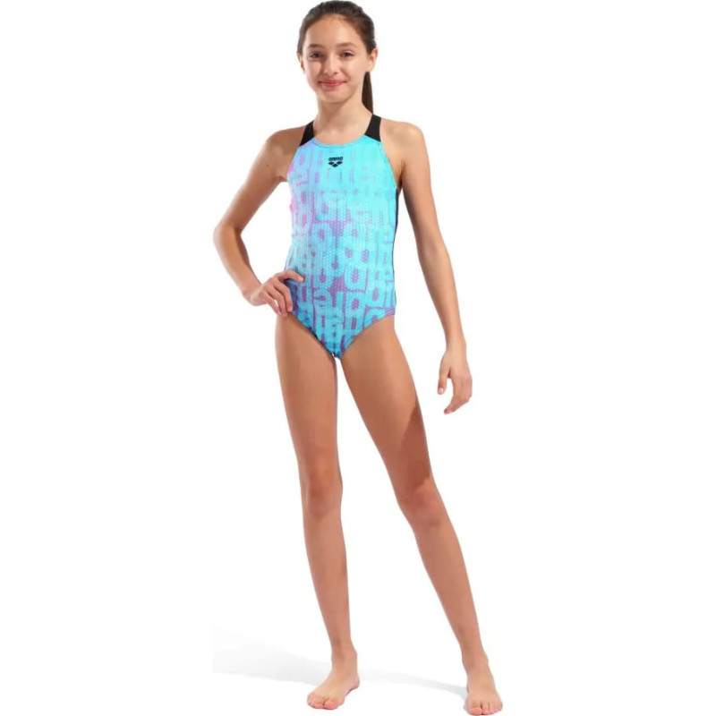 Купальник закритий для дівчат Arena MULTI COLOURS SWIMSUIT V BACK блакитний, чорний Діт 116 см