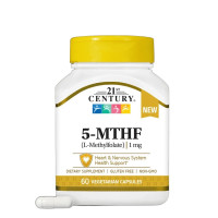 Метилфолат, 1 мг, 5-MTHF, L-Methylfolate, 21st Century, 60 вегетаріанських капсул