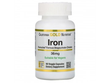 Залізо Бісгліцінат, Ferrochel Iron (Bisglycinate), California Gold Nutrition, 36 мг, 90 рослинних капсул