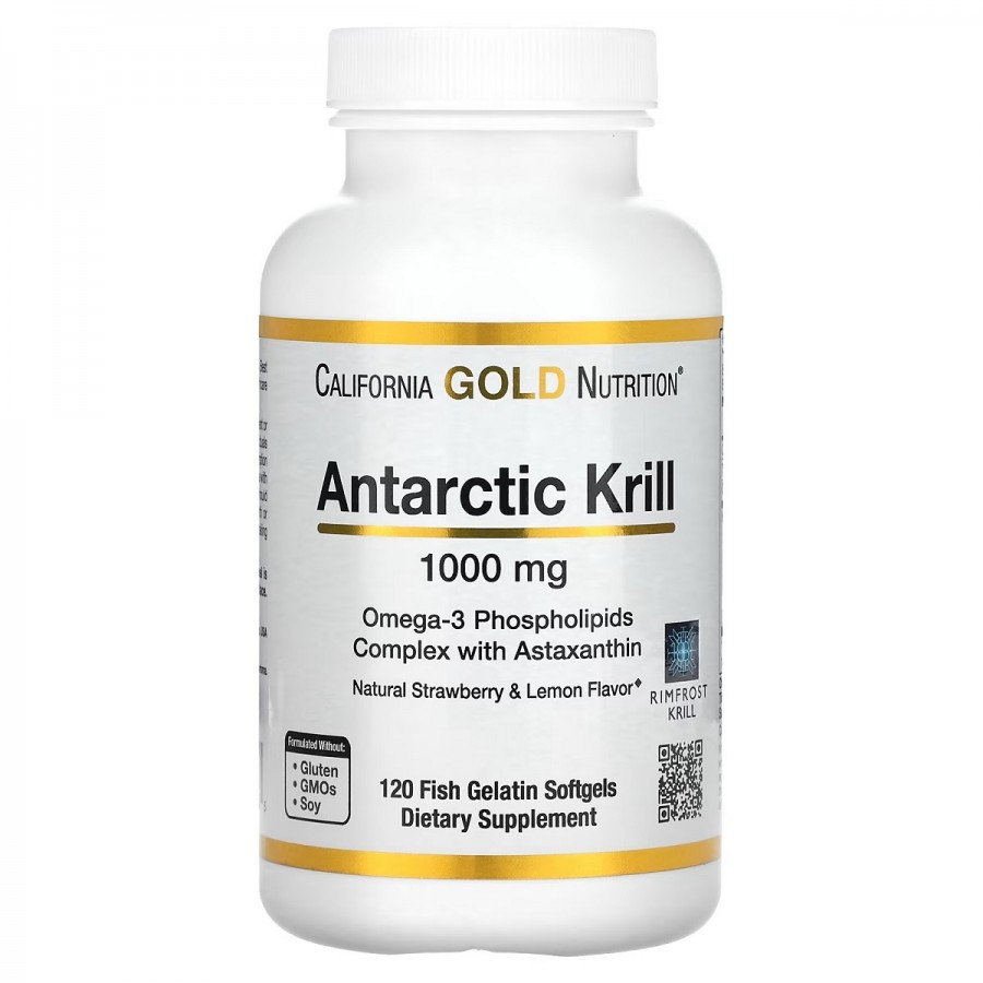 Олія антарктичного криля, 1000 мг, смак полуниці та лимона, Antarctic Krill Oil, Omega-3, California Gold Nutrition, 120 желатинових капсул