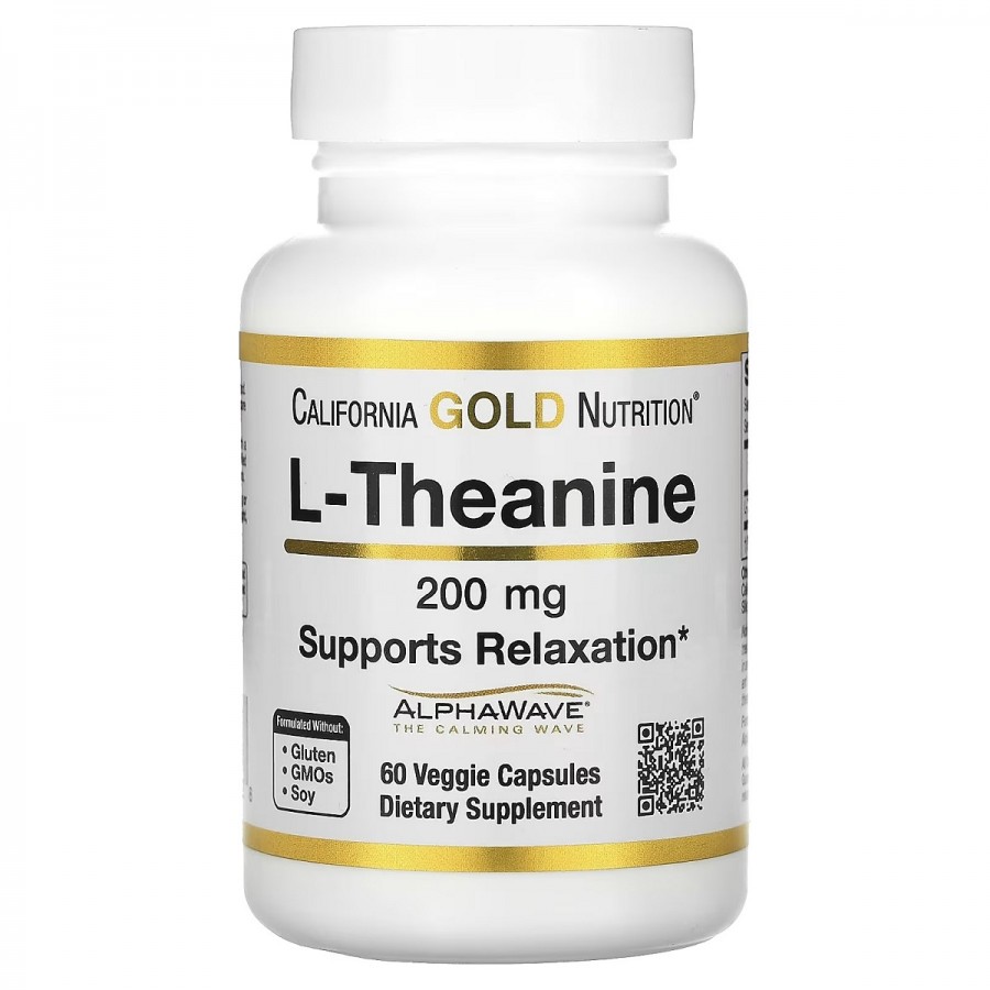 L-теанін, 200 мг, L-Theanine, Featuring AlphaWave, California Gold Nutrition, 60 вегетаріанських капсул