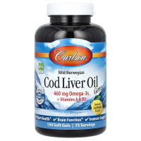 Жир печінки норвезької тріски, смак лимона, Wild Norwegian, Cod Liver Oil Gems, Carlson, 150 гелевих капсул