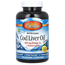 Жир печінки норвезької тріски, смак лимона, Wild Norwegian, Cod Liver Oil Gems, Carlson, 150 гелевих капсул
