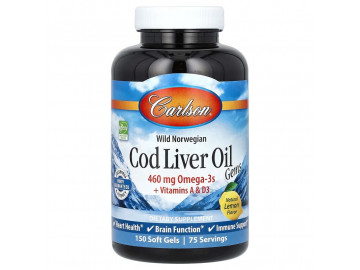Жир печінки норвезької тріски, смак лимона, Wild Norwegian, Cod Liver Oil Gems, Carlson, 150 гелевих капсул