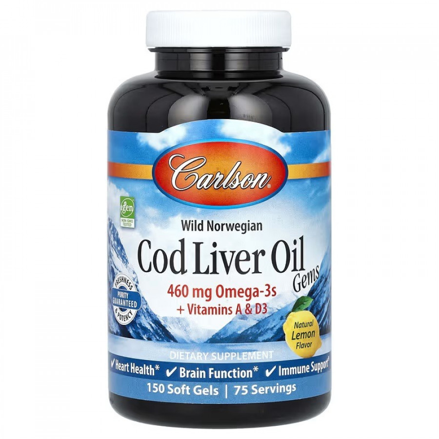 Жир печінки норвезької тріски, смак лимона, Wild Norwegian, Cod Liver Oil Gems, Carlson, 150 гелевих капсул