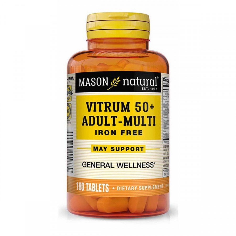 Мультивітаміни для дорослих 50+, без заліза, Vitrum 50+ Adult-Multi Iron Free, Mason Natural, 180 таблеток