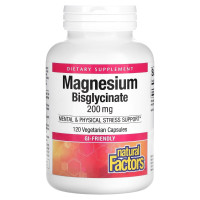 Магний Бисглицинат, 200 мг, Magnesium Bisglycinate, Natural Factors, 120 вегетарианских капсул