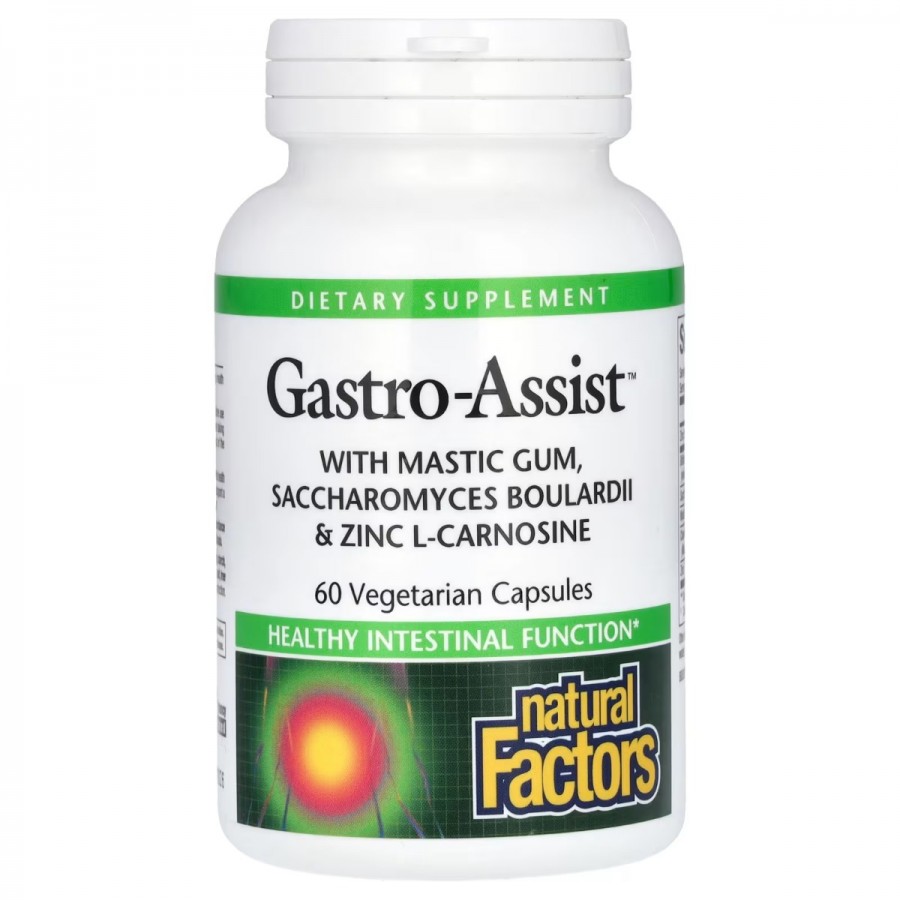 Здоров'я шлунка та кишківника, Gastro-Assist with Mastic Gum, Saccharomyces Boulardii & Zinc L-Carnosine, Natural Factors, 60 вегетаріанських капсул