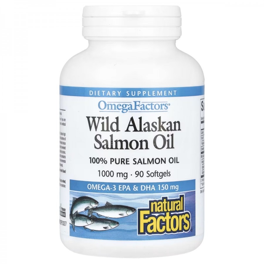 Жир дикого аляскинського лосося, 1000 мг, OmegaFactors, Wild Alaskan Salmon Oil, Natural Factors, 90 гелевих капсул