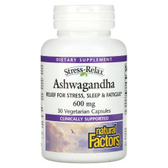 Ашваганда, 600 мг, Ashwagandha, Natural Factors, 30 вегетаріанских капсул
