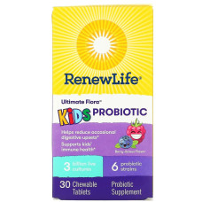 Пробиотик для детей, 3 млрд КОЕ, вкус ягод, Ultimate Flora, Kids Probiotic, Renew Life, 30 жевательных таблеток
