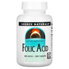 Фолиевая кислота, 800 мкг, Folic Acid, Source Naturals, 200 таблеток