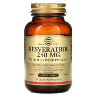 Ресвератрол с экстрактом красного вина, 250 мг, Resveratrol with red Wine Extract, Solgar, 30 гелевых капсул