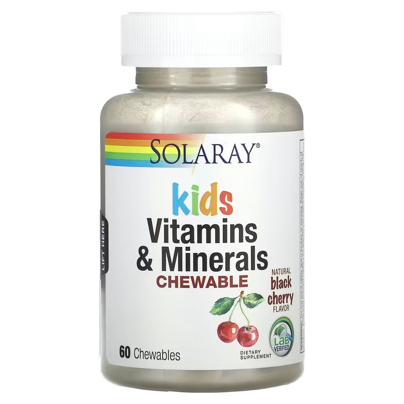 Вітаміни та мінерали для дітей, смак вишні, Kids Vitamins & Minerals Chewable, Solaray, 60 жувальних таблеток