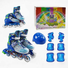 Ролики 9620-11 М размер 34-38 (6) цвет СИНИЙ, колеса PU, d колес – 6 см, стелька 19 см, подсветка колес, шлем, защита, в коробке