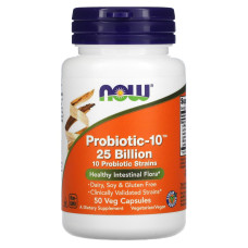 Пробіотики-10, Probiotic-10, Now Foods, 25 млрд, 50 рослинних капсул