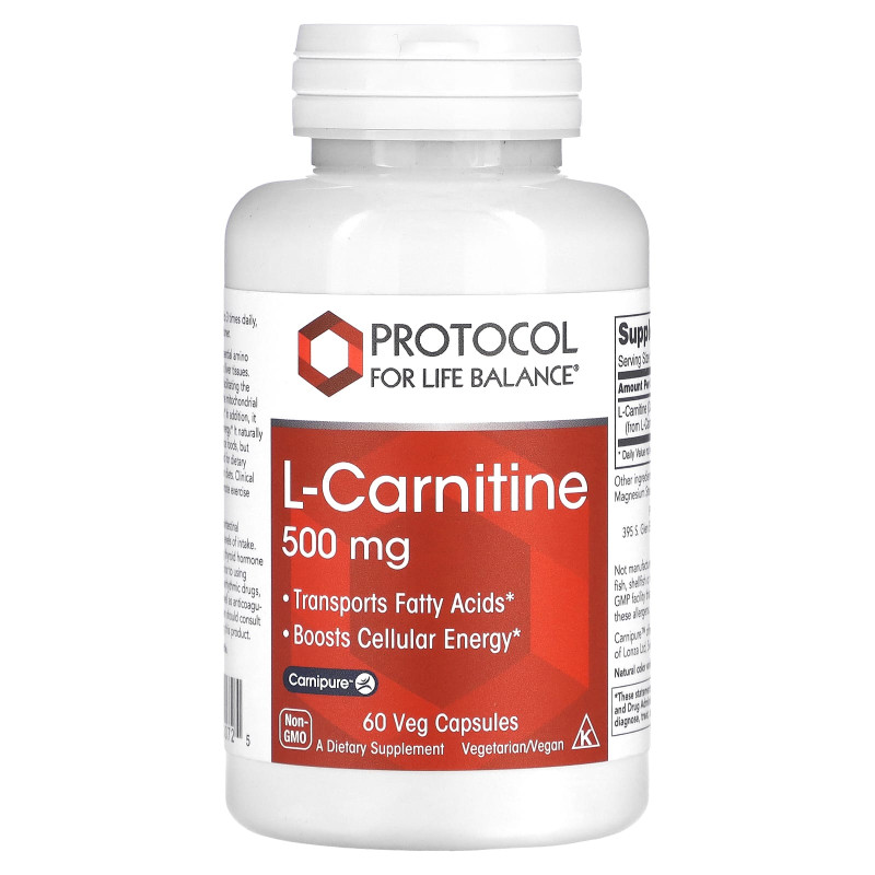 L-карнитин, L-Carnitine, Protocol for Life Balance, 500 мг, 60 вегетарианских капсул