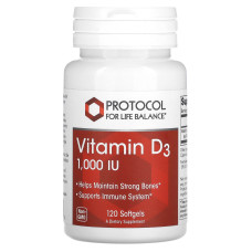 Витамин D3, Vitamin D3, Protocol for Life Balance, 1000 МЕ, 120 гелевых капсул