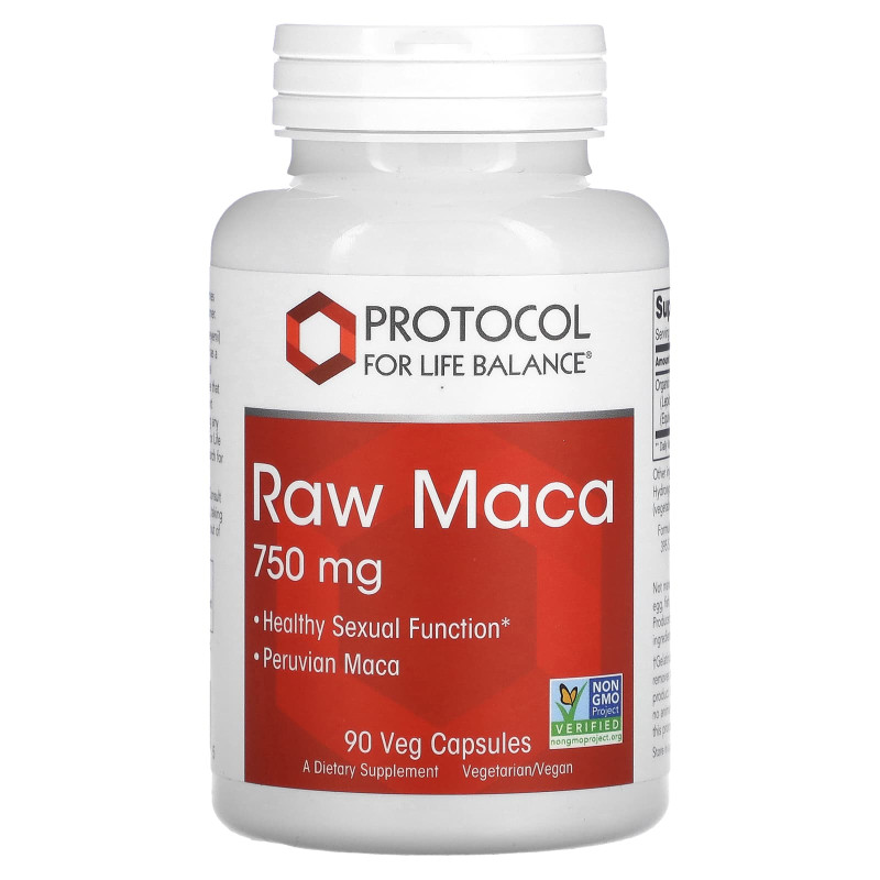 Мака перуанская, Raw Maca, Protocol for Life Balance, сырая, 750 мг, 90 веганских капсул