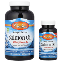 Лососевий жир, збагачений Омега-3, Salmon Oil, Carlson, 500 мг, 180+50 гелевих капсул