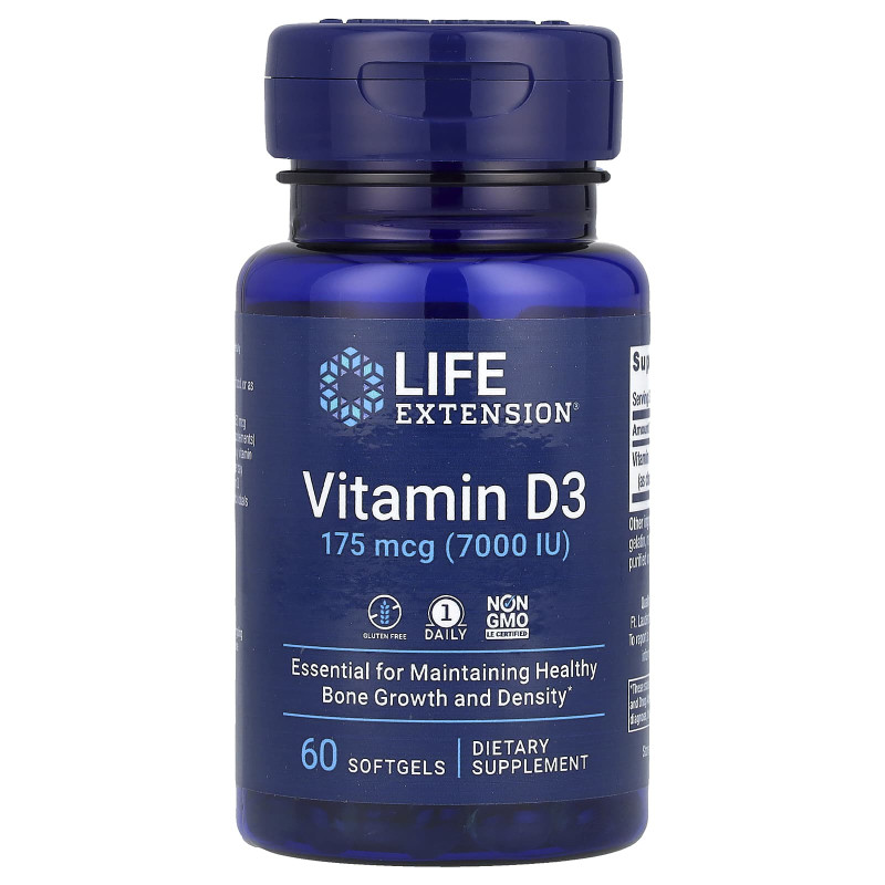 Витамин D3, Vitamin D3, Life Extension, 175 мкг (7000 МЕ), 60 гелевых капсул