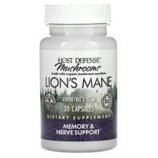 Ежовик Гребенчатый, Lion's Mane, Fungi Perfecti, Host Defense, поддержка памяти и нервов, 1 г, 30 вегетарианских капсул