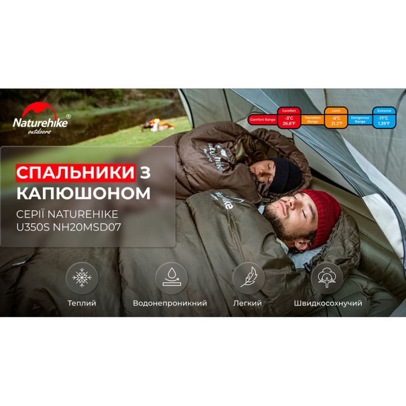 Спальник з капюшоном Naturehike U350S NH20MSD07, (-3°C), лівий, коричневий