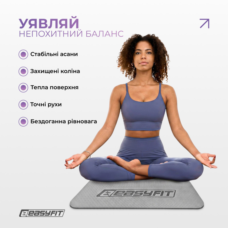 Двухслойный коврик EasyFit для пилатеса, фитнеса и йоги, 183x61 см, толщина 6 мм, TPE/TC, ECO-Friendly, серо-черный