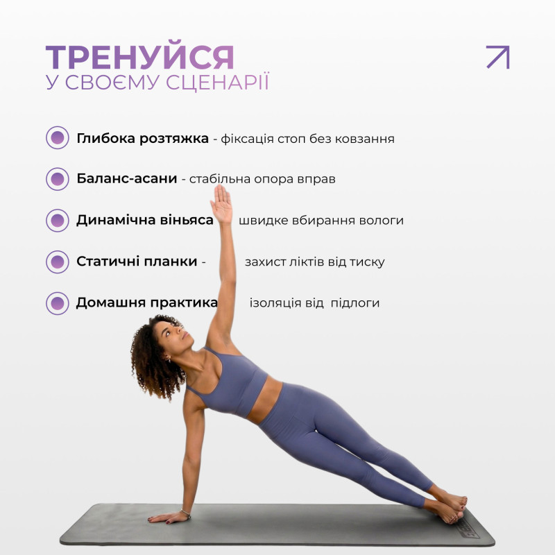 Двухслойный коврик EasyFit для пилатеса, фитнеса и йоги, 183x61 см, толщина 6 мм, TPE/TC, ECO-Friendly, серо-черный