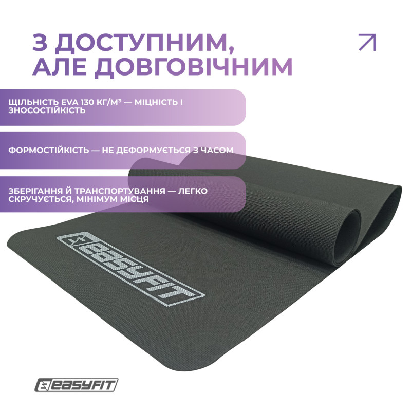 Килимок EasyFit для пілатесу та фітнесу, Розмір 183х61 см, Товщина 3 мм, EVA-піна, Чорний