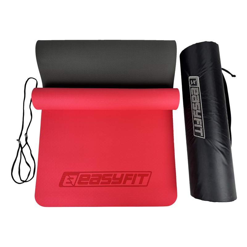 Двошаровий килимок EasyFit для пілатесу, фітнесу та йоги з чохлом, 183x61 см, товщина 6 мм, TPE/TC, ECO-Friendly, червоно-чорний