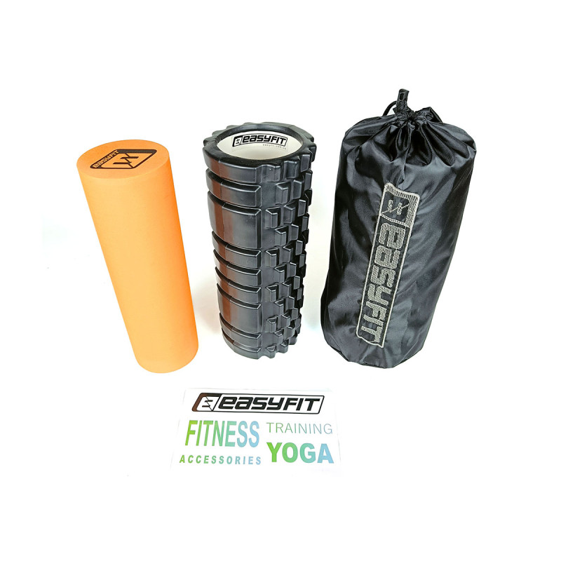 Массажный ролик EasyFit PRO Active двойной, Длина 33 см, Диаметр 14 см, Высокопрочный пластик, Пена EVA, Чёрно-оранжевый