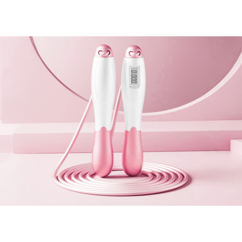 Швидкісна скакалка з лічильником EasyFit, Довжина 2,8 м, ручки 18 см, Сталь, Пластик, Вага 130 г, Біло-рожевий