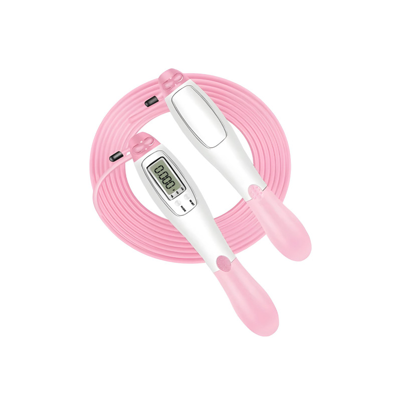Швидкісна скакалка з лічильником EasyFit, Довжина 2,8 м, ручки 18 см, Сталь, Пластик, Вага 130 г, Біло-рожевий