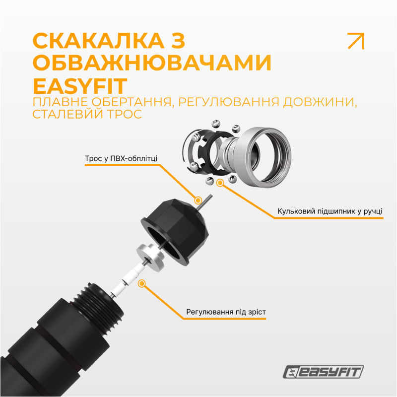Скакалка з обтяжувачем EasyFit, Довжина 2,75 м, Сталь, ABS-пластик, Неопрен, Чорний