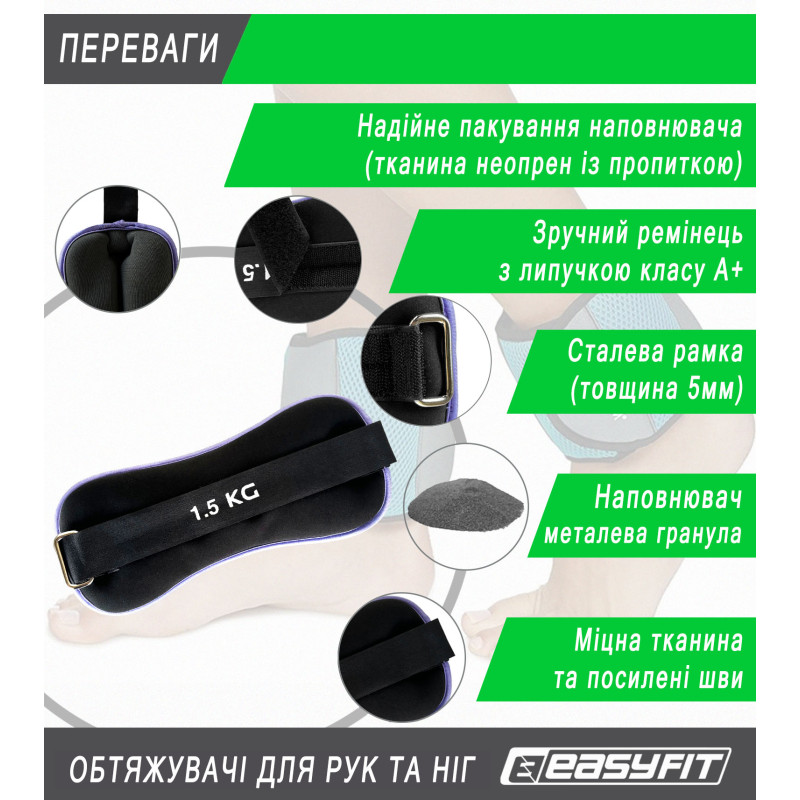 Утяжелители для ног и рук EasyFit Comfort (пара), Вес 1,5 кг, Неопрен, Стальная гранула, Черно-фиолетовый