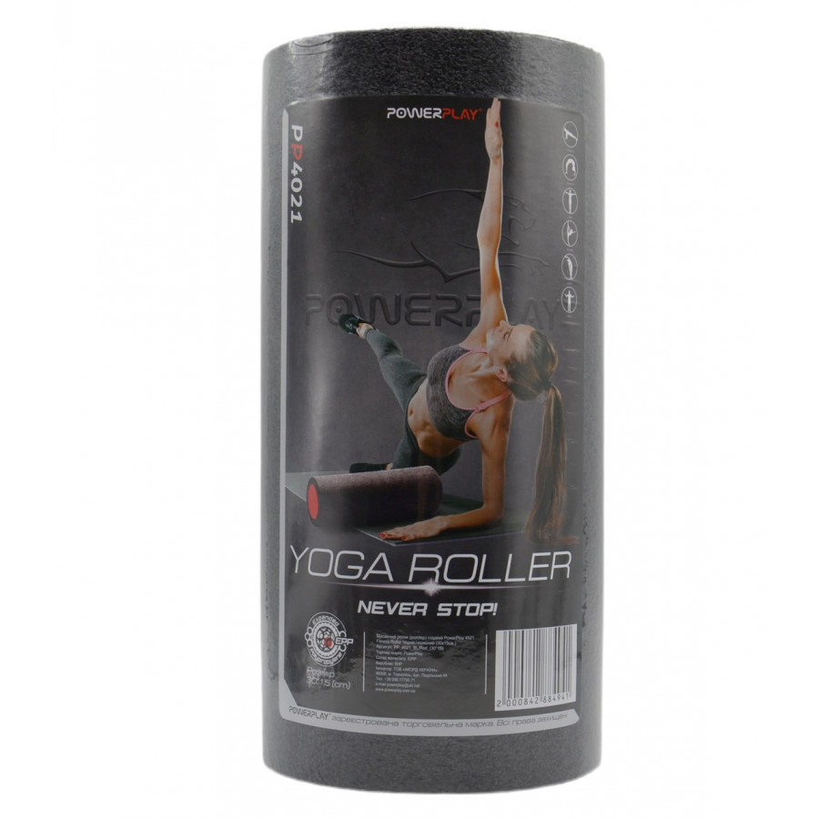 Масажний ролик (роллер) гладкий PowerPlay 4021 Fitness Roller Чорно-червоний (30x15см.)