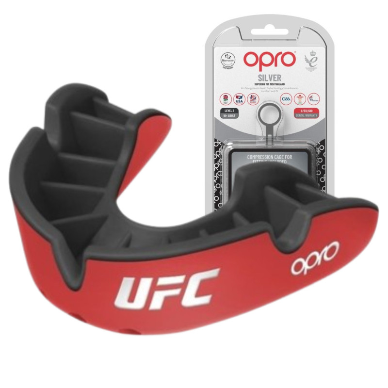 Капа OPRO Silver UFC Self-Fit, Доросла (вік 11+) Red/Black, Посадка: Кип'ятіння та компресійна клітка, плавники, Термопластик, Hi-Flow гель, Червоно-чорний