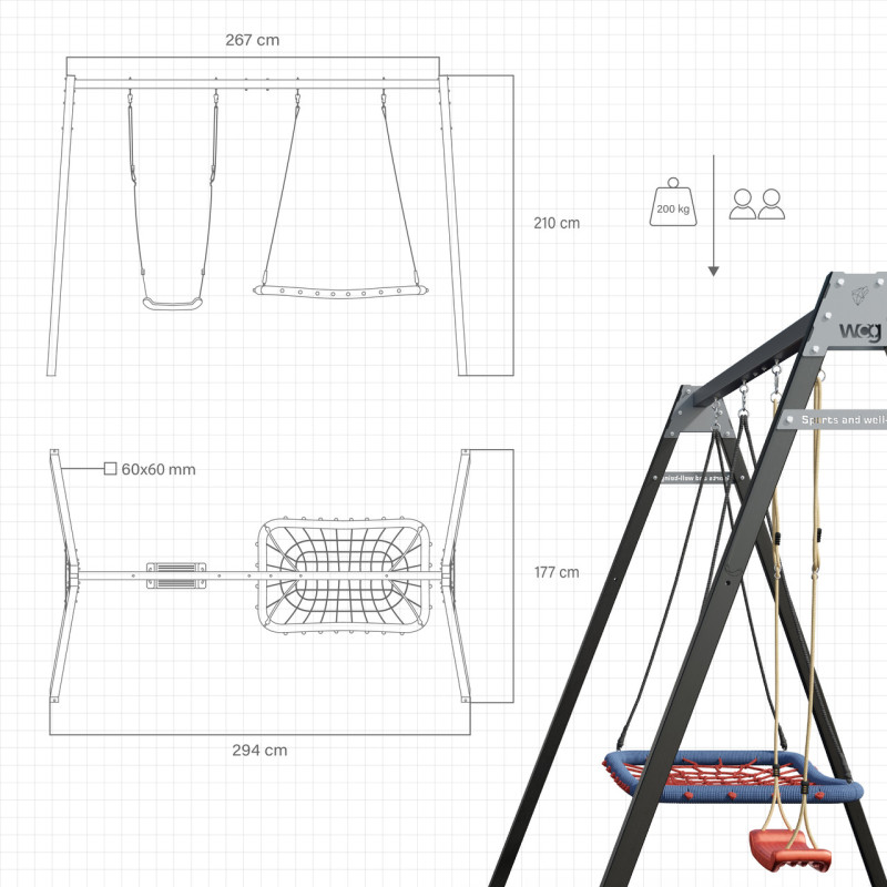 Каркас для дитячої гойдалки WCG 2 Elite Play Frame Двомісна + Гойдалка гніздо прямокутна + пластикова гойдалка